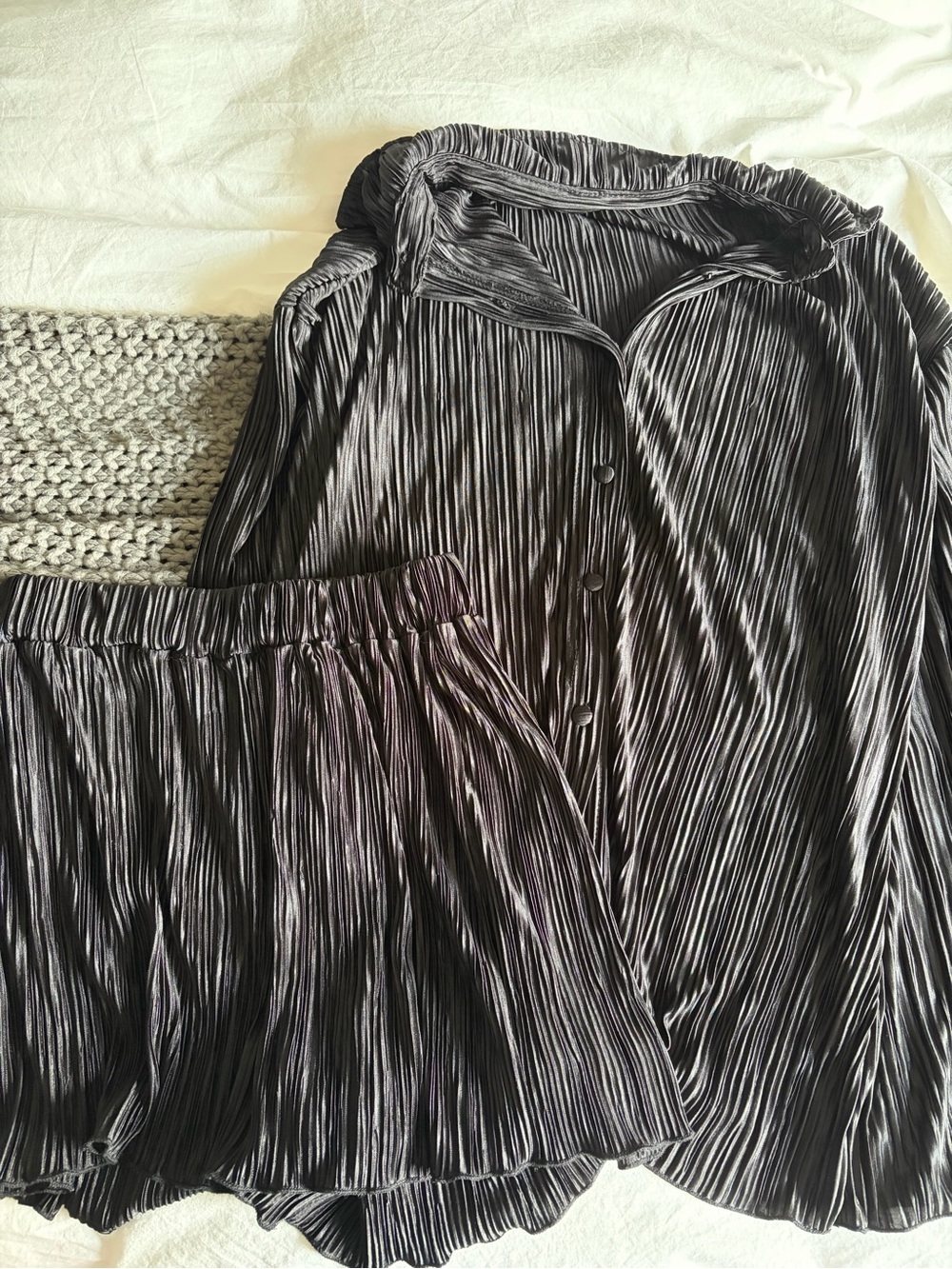 Amazon Women's Black Pleated Button-Front Pajama Set
